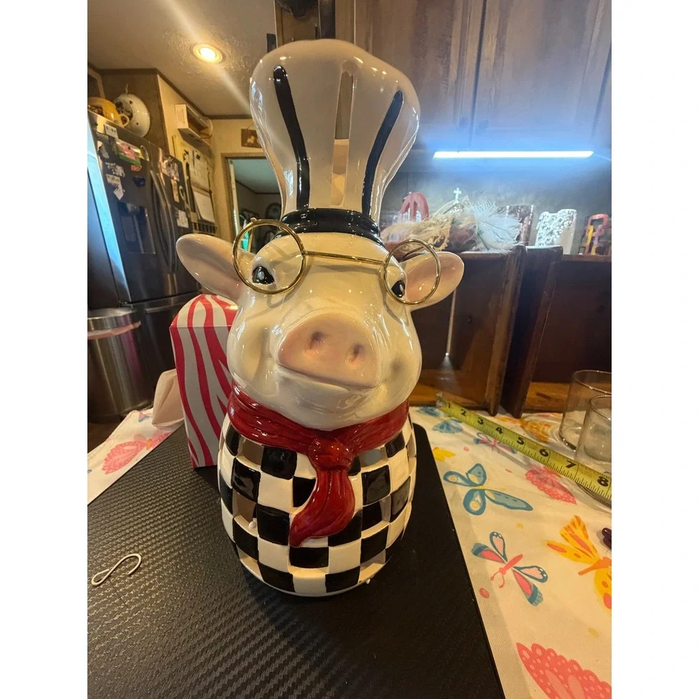 Pink Zebra Pig Chef Ceramic Candle Holder Luminary Checkered Farmhouse Decor